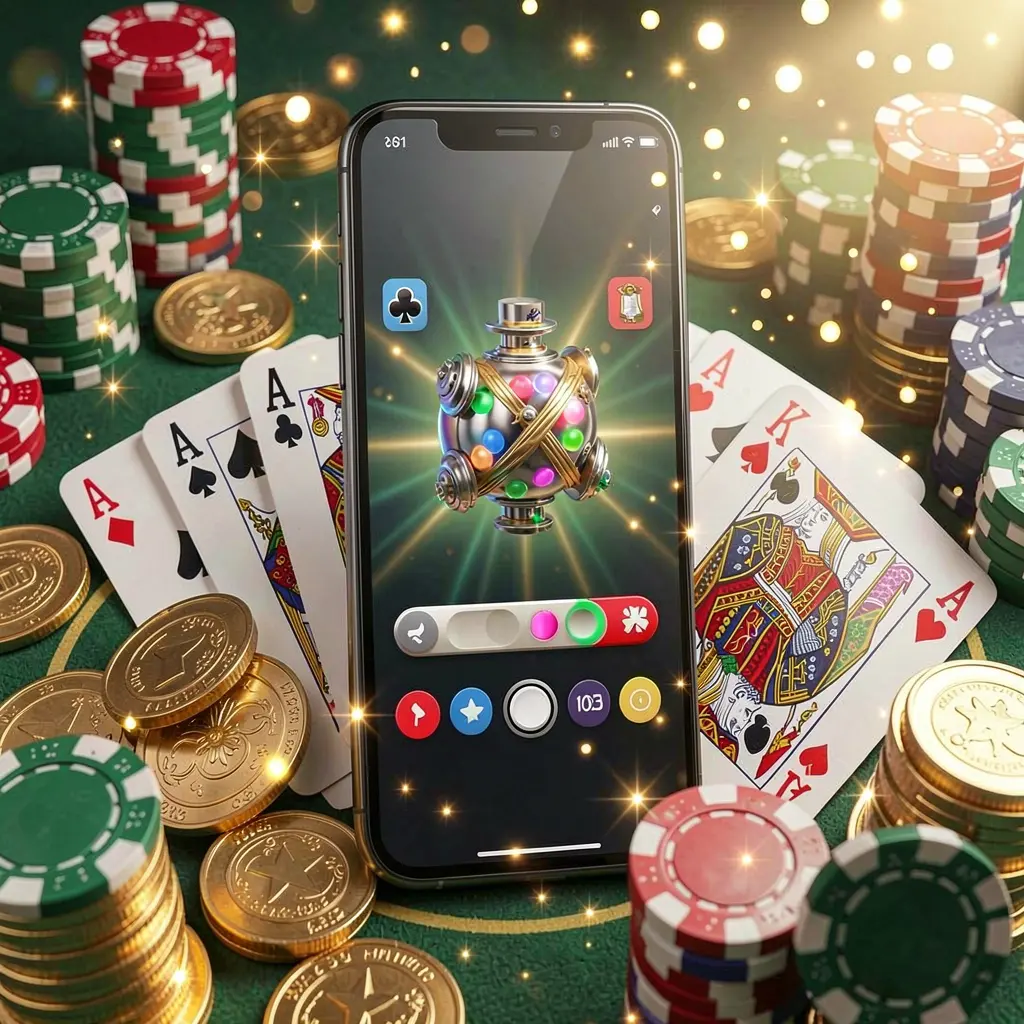 GF999 mobile gaming application concept showing a smartphone surrounded by playing cards, roulette chips, gold coins, and sparkling lights in a premium casino style