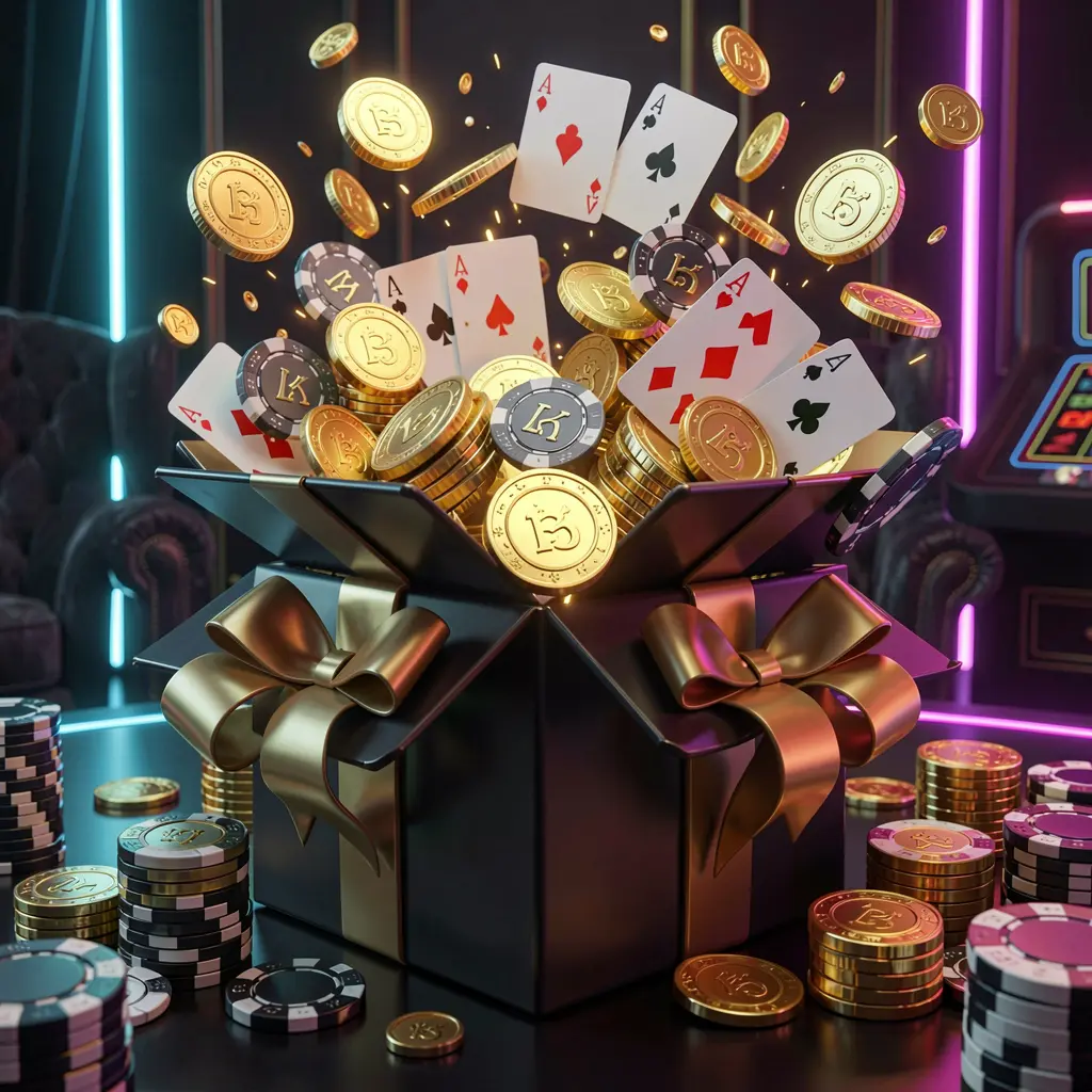 GF999 online casino bonus gift box exploding with golden coins, poker chips, and playing cards against a dark luxury background with glowing neon accents