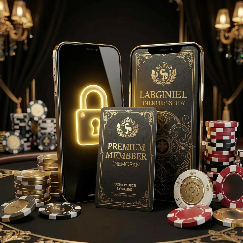 GF999 casino member login concept showing a premium membership card beside a smartphone with a glowing lock symbol, poker chips, and coins on a black and gold luxury background in a realistic 3D illustration