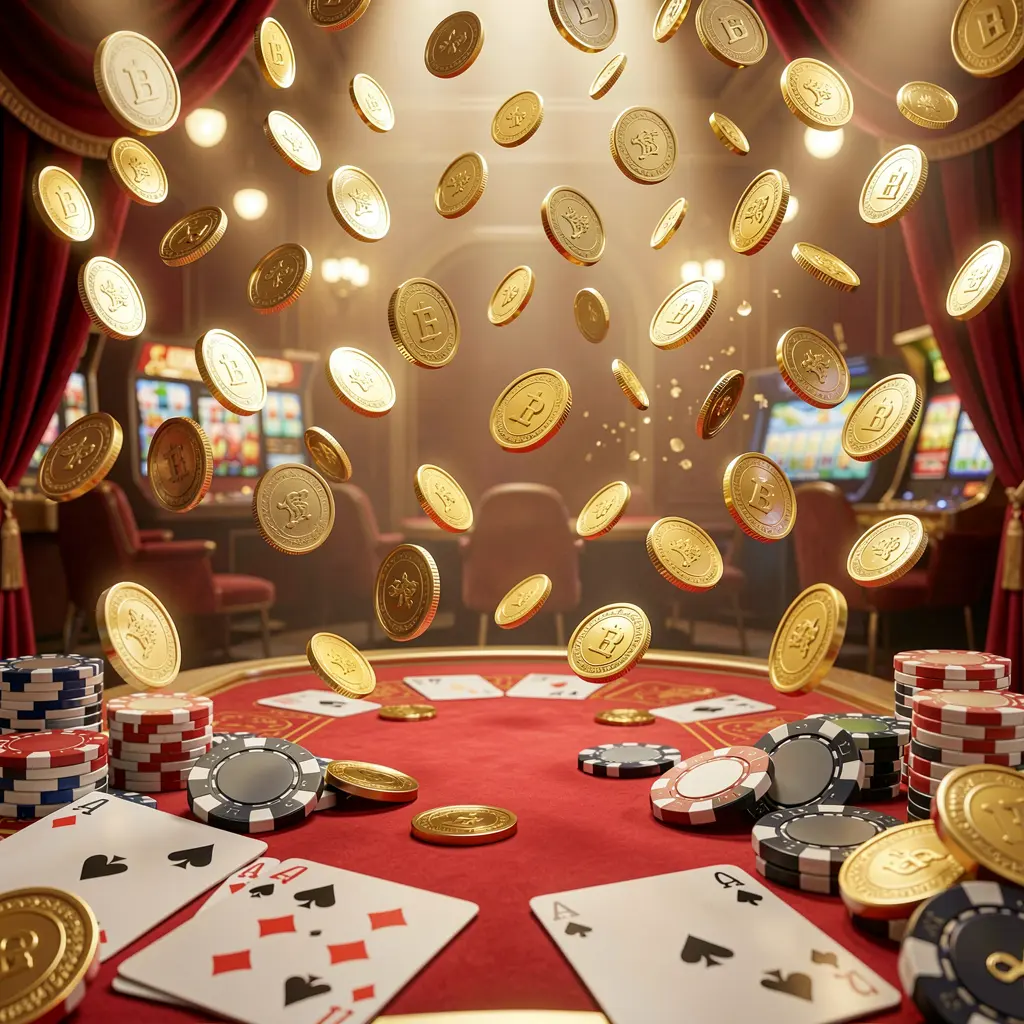GF999 online gaming platform homepage banner featuring bright casino lights, golden coins raining, poker chips and playing cards in the foreground with a luxury red and gold atmosphere in a high detail 3D render