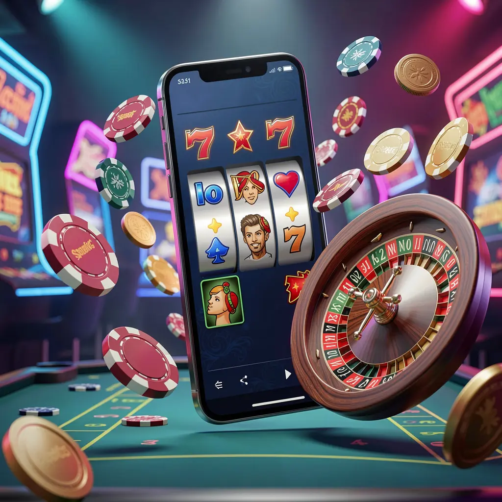 GF999 casino entertainment homepage concept featuring a modern mobile phone surrounded by slot symbols, a roulette wheel, chips, and coins floating against a neon casino background in a premium 3D render